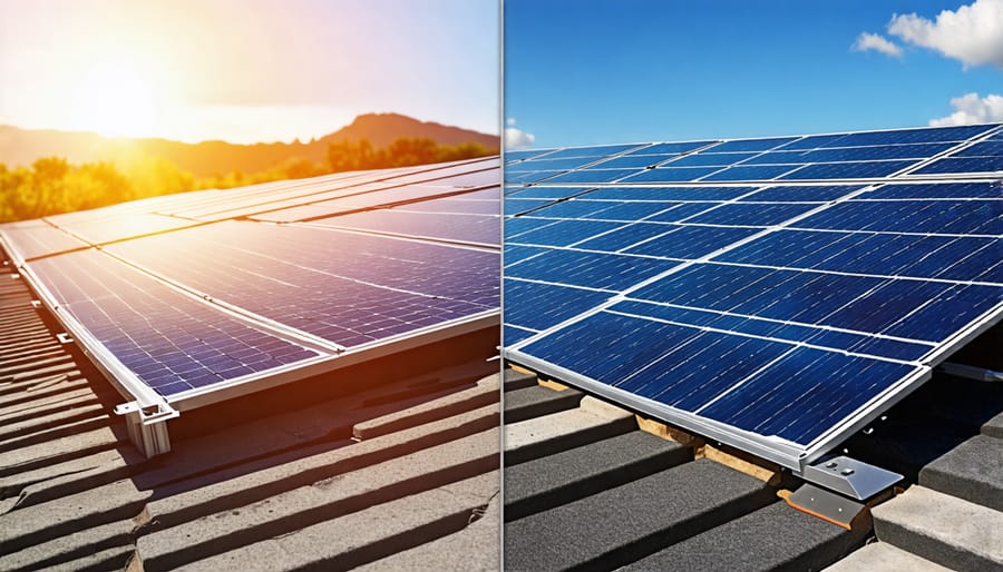 A side-by-side comparison of aluminum and steel solar panel frames, highlighting aluminum's lightweight and rust-resistant properties compared to the heavier, rust-prone steel frame.