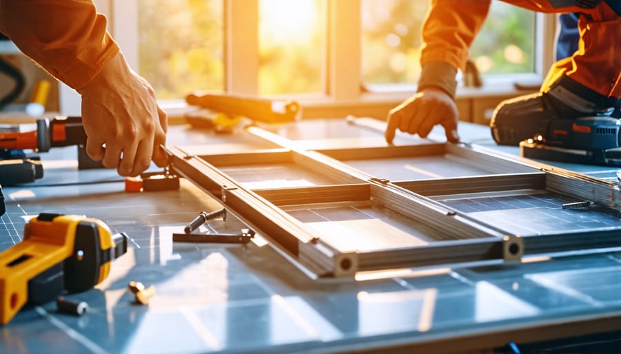 Individual assembling a solar panel frame on a workbench with tools and materials neatly arranged.