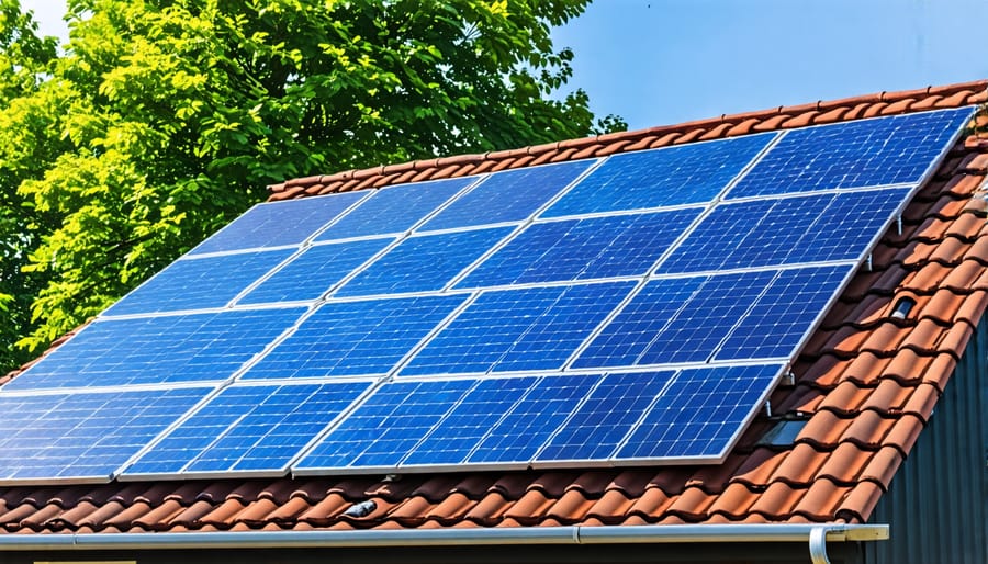 Rooftop solar panel installation on a European house