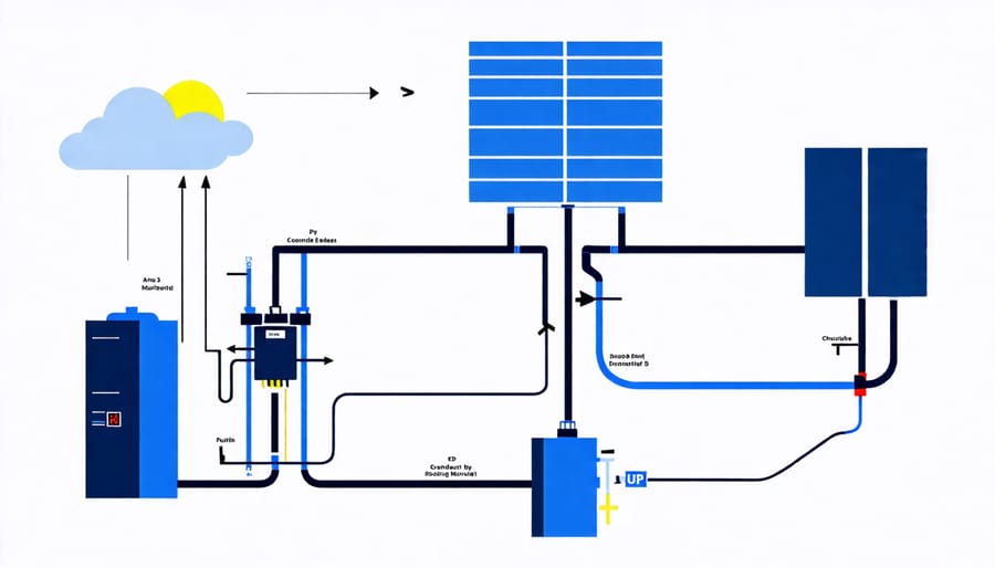 Diagram of grounding electrode conductor routing and connection to the grounding electrode in an off-grid PV system