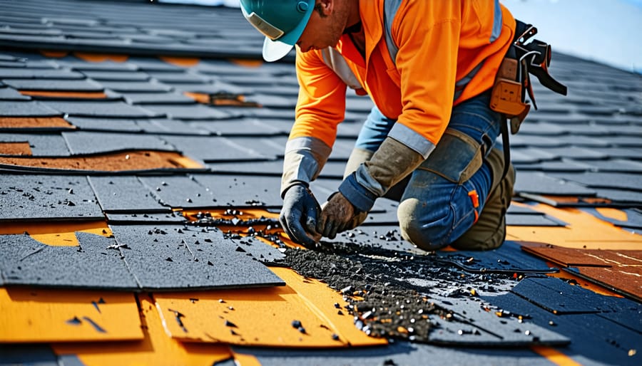 Roofer wearing protective equipment while removing old shingles