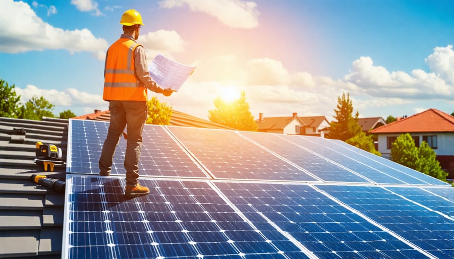 "Homeowner standing on a roof installing solar panels with tools and equipment, under a clear blue sky."