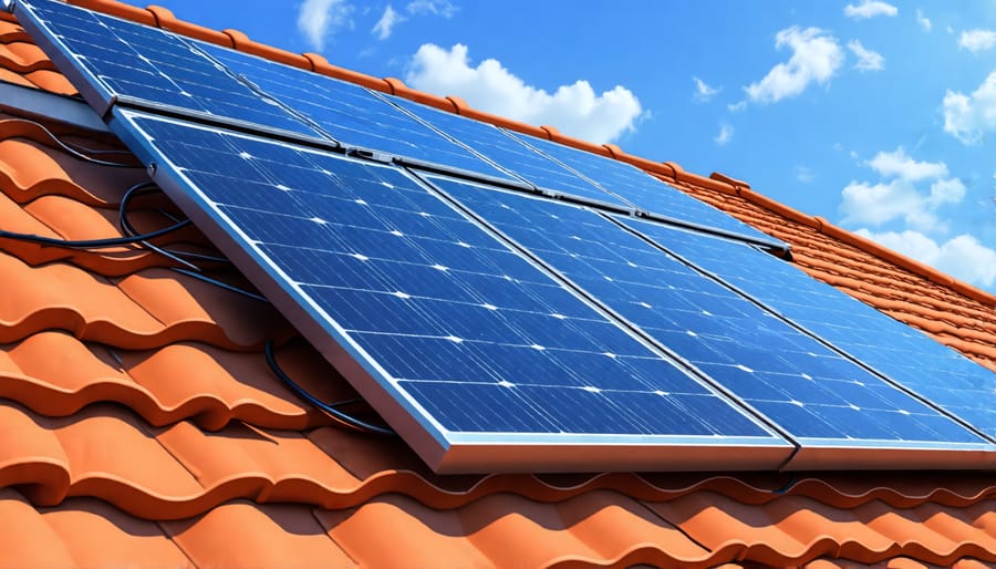 Technician attaching solar panel to roof mounting system