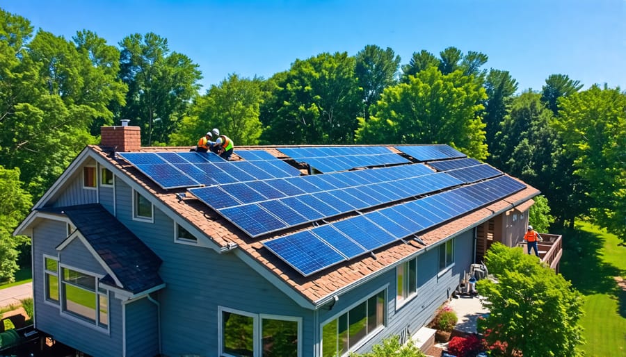 Aerial view of a house roof being fitted with solar panels by workers in bright safety gear under a sunny sky.