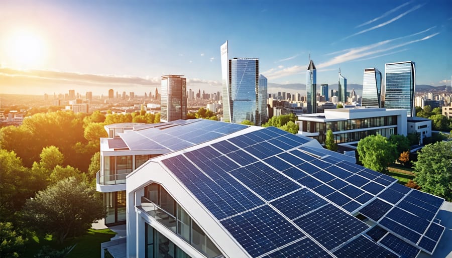 Futuristic European cityscape featuring buildings with integrated advanced solar panels, highlighting solar innovations in architecture and clean energy.