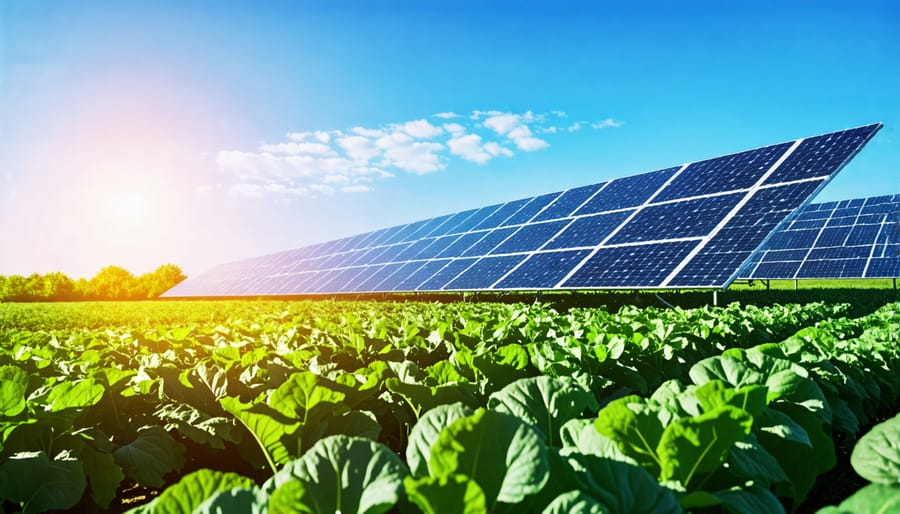 Agricultural field with solar panels and crops growing together