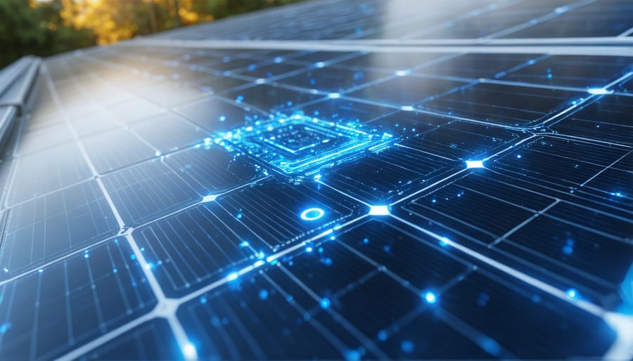 Close-up view of an AI-enhanced solar panel showing the embedded intelligent components