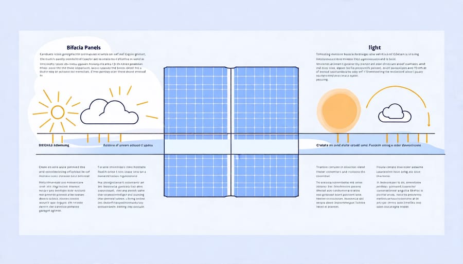 Illustration of bifacial solar panel technology and its dual-sided light absorption