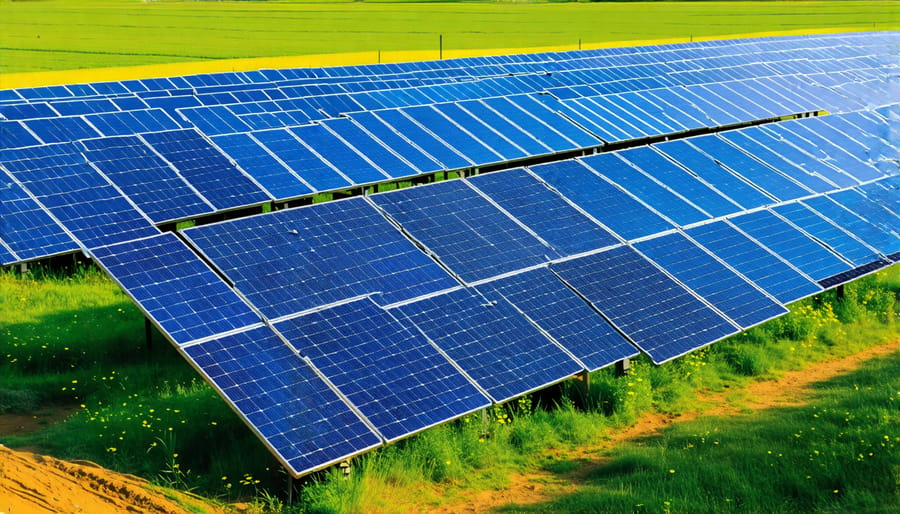 Array of bifacial solar panels in a solar farm setting