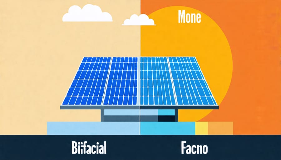 Illustration showing bifacial solar panel absorbing light from both sides and monofacial solar panel absorbing light from one side