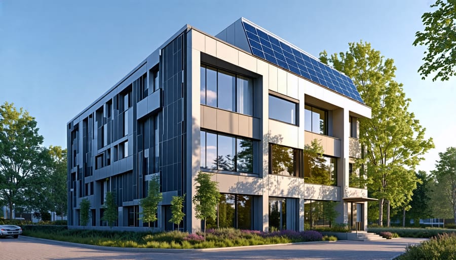 Architectural rendering showcasing building-integrated photovoltaics on a commercial building exterior