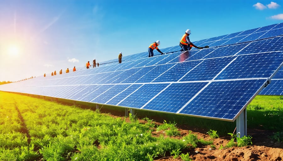 Installation crew assembling an expansive ground-mounted solar project