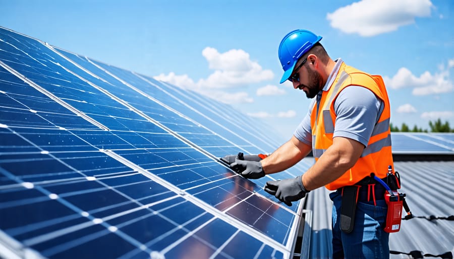 A technician diligently cleaning a large array of solar panels on a commercial rooftop under a clear blue sky, highlighting the importance of regular maintenance for optimal energy efficiency.