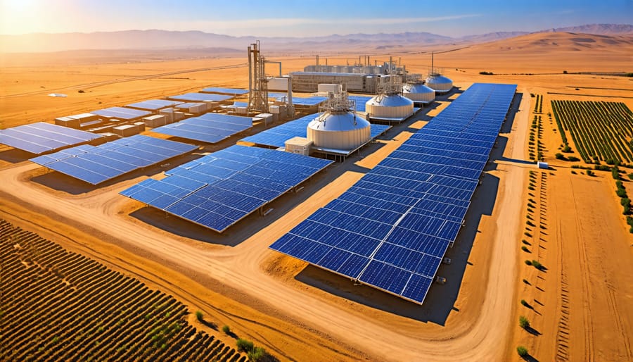 Aerial view of a concentrated solar power facility with thermal storage