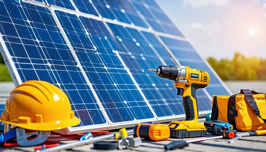 Conceptual illustration of tools and a partially assembled solar panel frame, symbolizing a DIY solar panel mount project for sustainable energy.