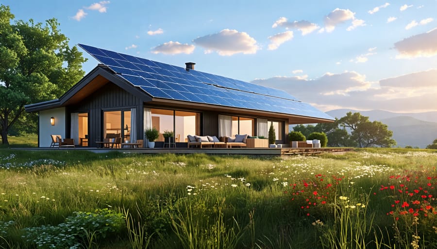 Modern off-grid home surrounded by nature with a solar panel array showcasing sustainable energy independence.