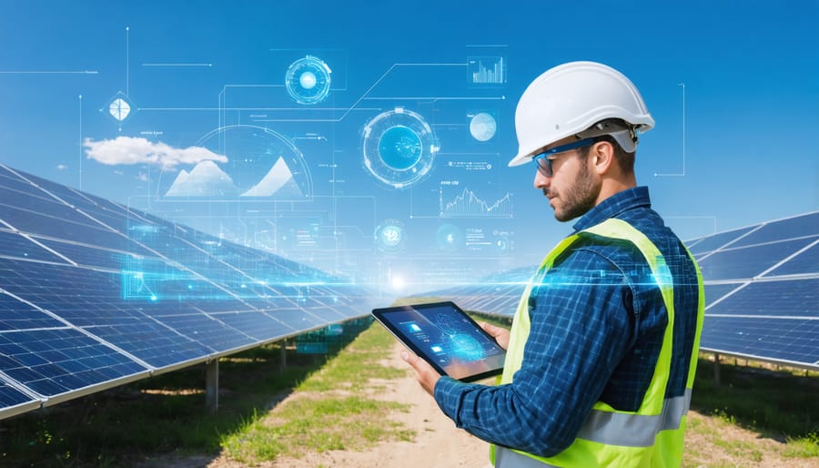 A solar technician using a digital tablet to analyze performance data amidst an expansive solar panel array, illustrating advanced monitoring technology and optimal solar farm operations.