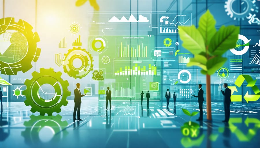 Conceptual illustration showing the integration of smart sensors, digital dashboards with energy analytics, and green energy symbols in a business setting to depict the efficiency and sustainability of an energy management system.