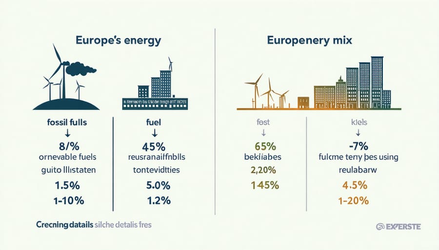 Pie charts illustrating the current energy mix in Europe with a high percentage of fossil fuels and a growing share of renewables