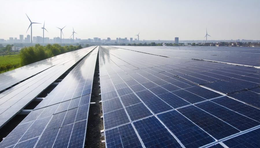 Solar panel array on an industrial site with a European city skyline in the background, representing the integration of solar energy in European industries for sustainability.