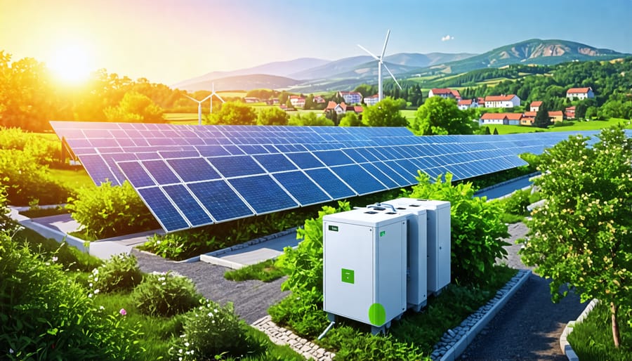 Illustration of urban and rural European settings with solar panels and a large battery storage unit, symbolizing the integration and advancement of solar energy technology.