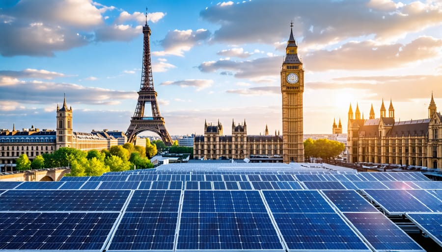 A conceptual depiction of Europe's famous landmarks integrated with advanced solar panels and smart grid technology, symbolizing a resilient and sustainable electric grid.