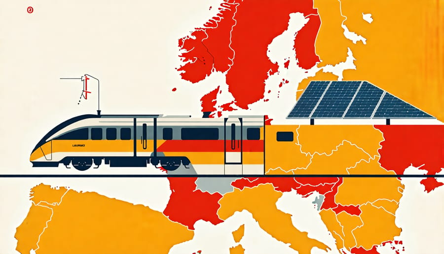 Map highlighting various solar-powered train initiatives and projects across Europe