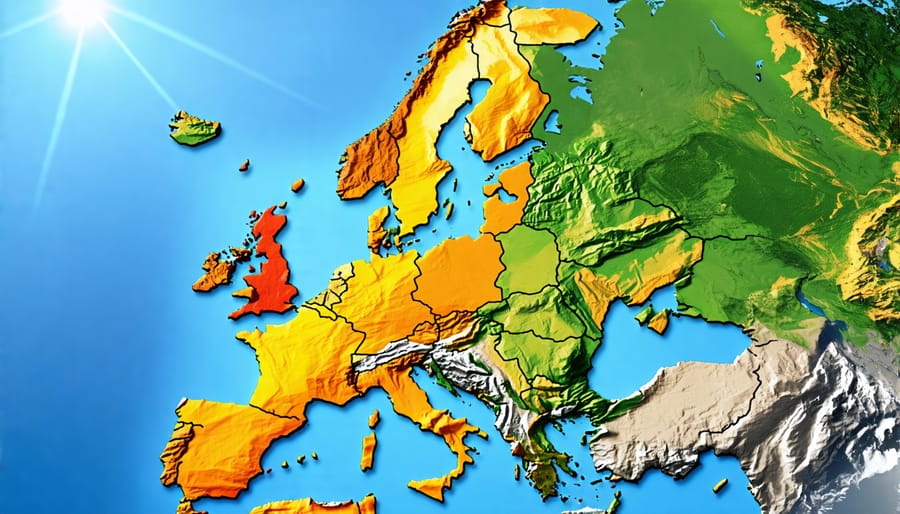 Map of Europe showing various climate zones and their potential for solar energy production