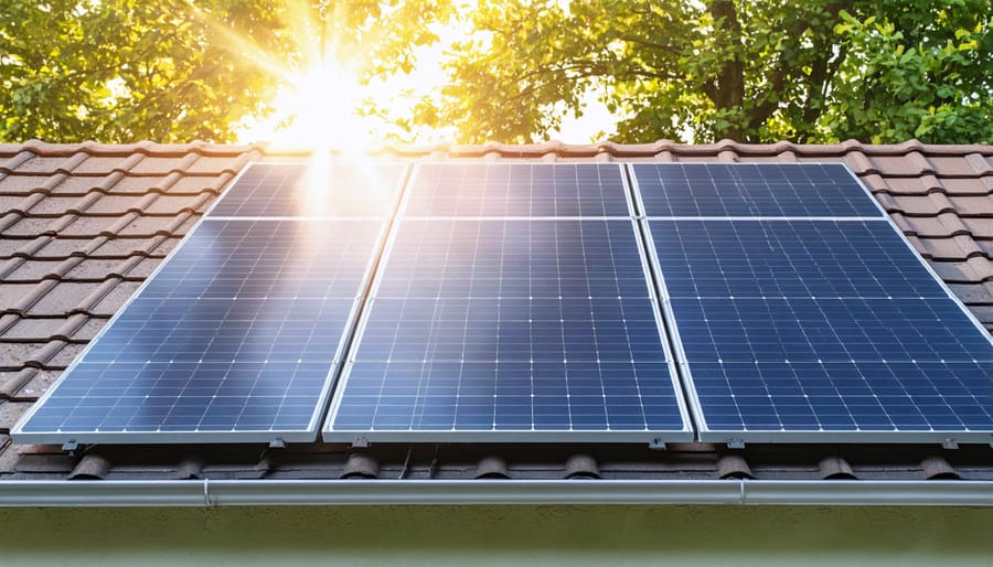 Rooftop solar panels on a European house capturing sunlight