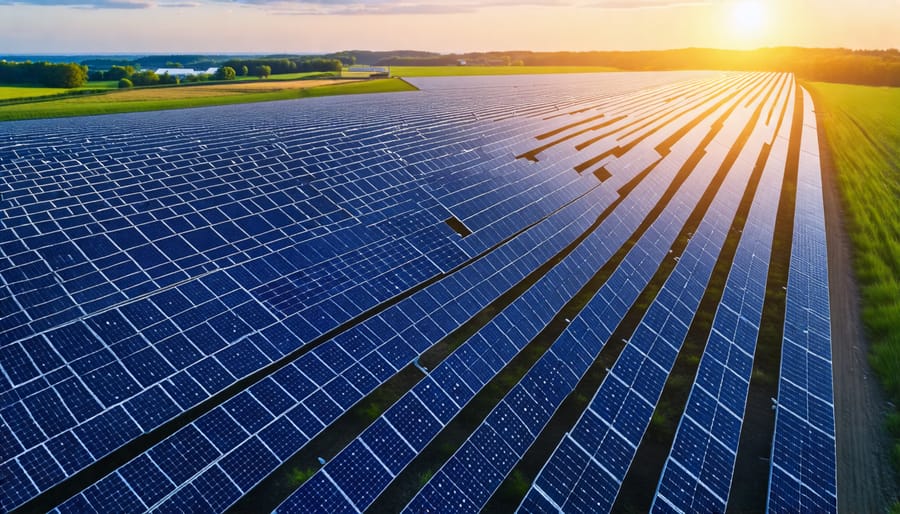 A large solar farm in Europe showcasing solar panels and infrastructure linked with advanced battery management systems