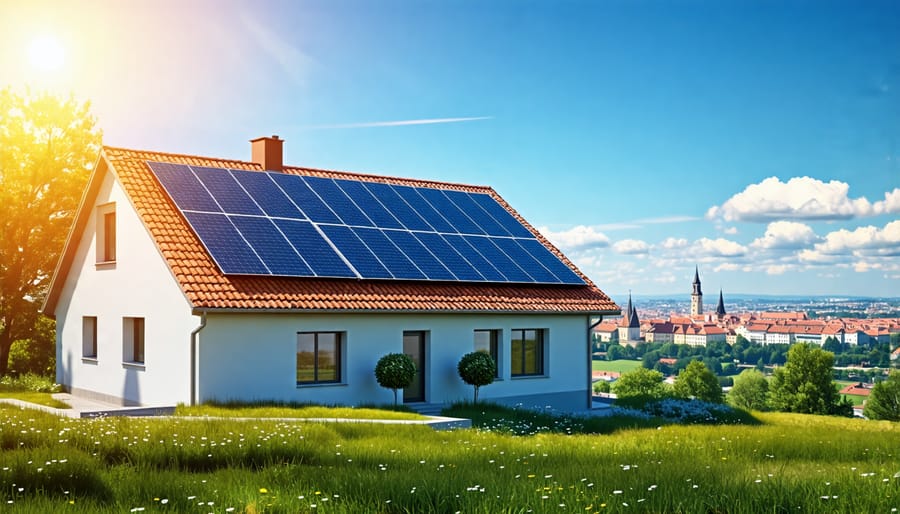 A European home with modern solar panels, symbolizing diverse solar financing options for sustainable energy solutions.