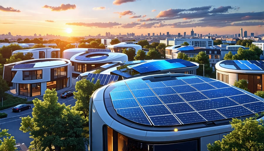 A modern European neighborhood with various types of advanced solar panels integrated into buildings and a nearby solar park, symbolizing the future of solar energy innovation and smart technology.