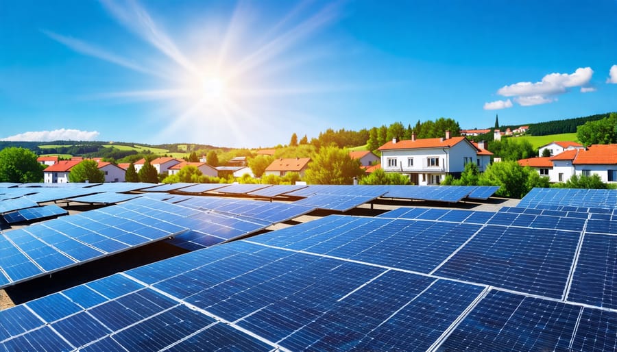 A European landscape featuring homes and businesses with solar panels on rooftops, under a sunny sky, representing the shift to clean, renewable energy.