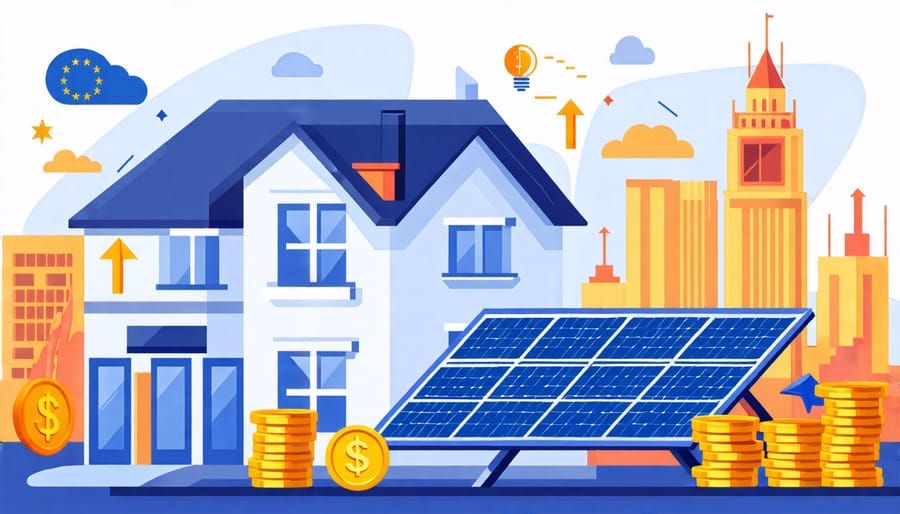 Illustration of a European house and business with solar panels on their roofs, featuring elements depicting financial growth like arrows, coins, and graphs, against a backdrop of iconic European landmarks.