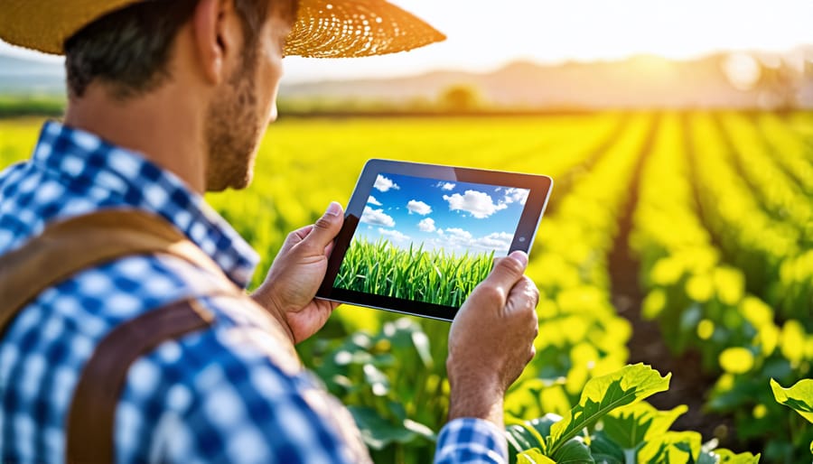 Farmer managing solar-powered irrigation with a digital device