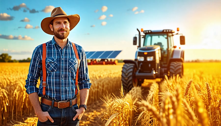 Farmer proudly showcasing their solar powered tractor in a lush agricultural field