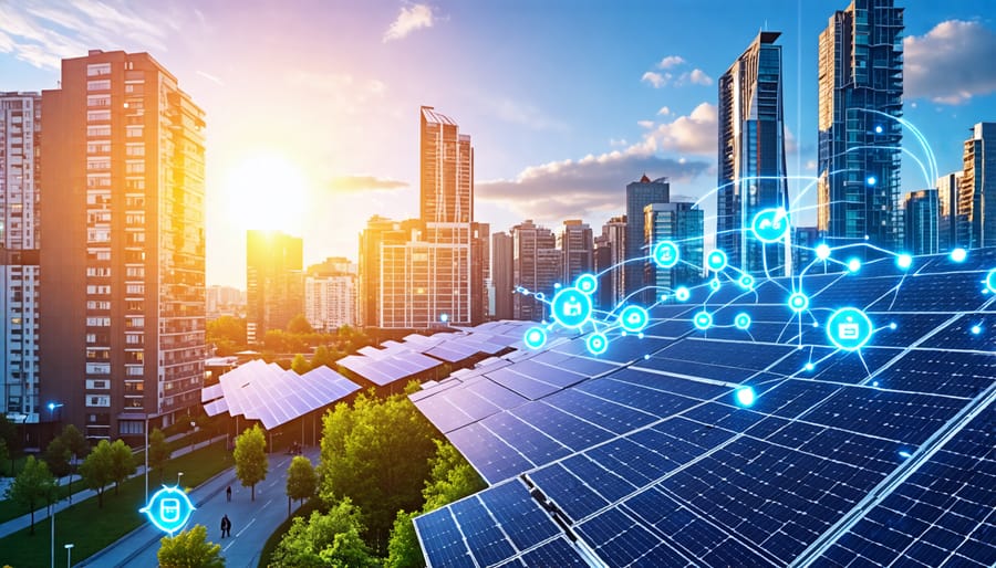 A futuristic European cityscape with buildings featuring innovative solar technologies, exemplifying a bright, sustainable future powered by solar energy.