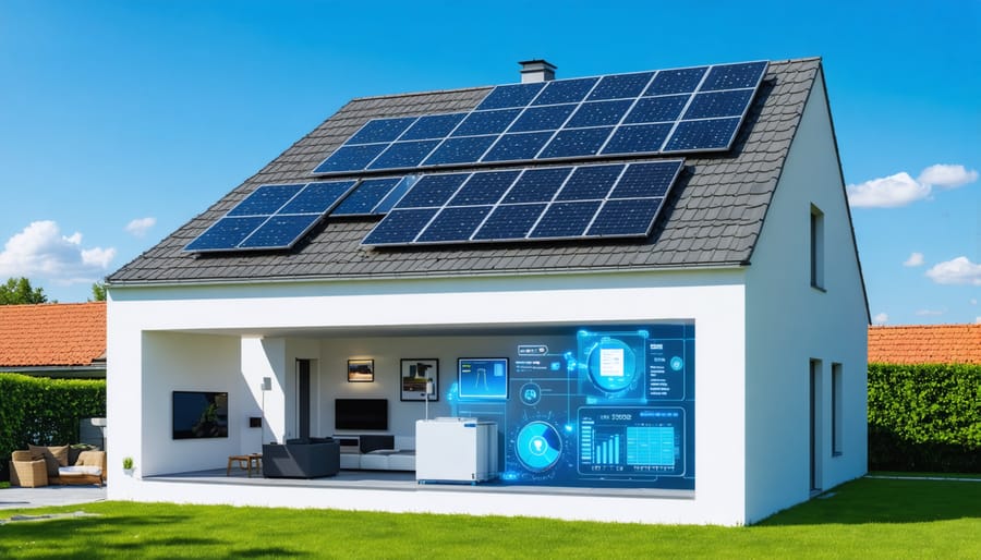 A conceptual illustration of a European home featuring rooftop solar panels, a solar battery system, and an energy management interface, symbolizing sustainable living through solar technology.