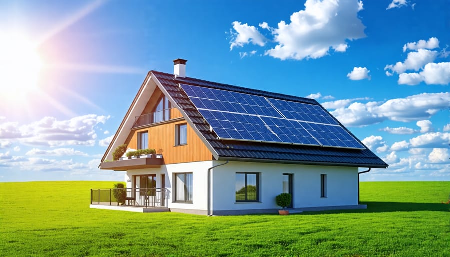 Residential home with solar panel array on rooftop