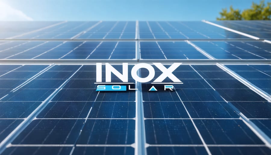 INOX Solar company logo displayed with solar panels in the background