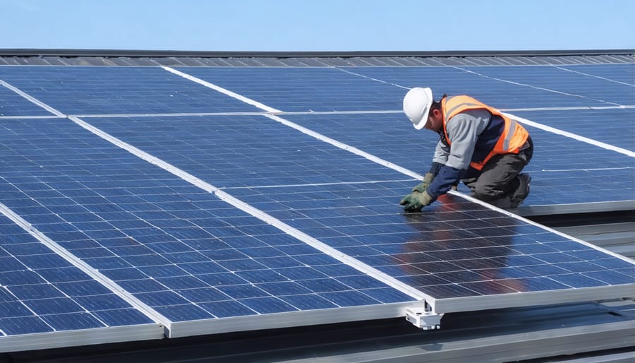 INOX Solar technician installing advanced solar panels on a house roof, showcasing the company's state-of-the-art technology