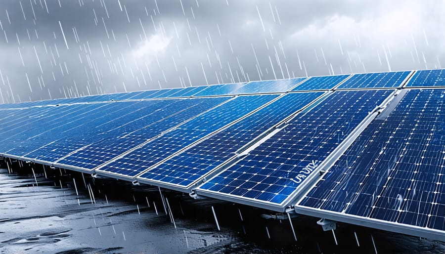 INOX weatherproof solar panels enduring harsh weather conditions, symbolizing resilience and sustainability.