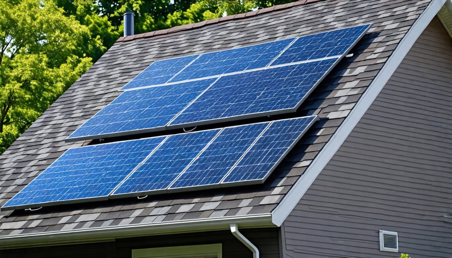 Integrated solar shingles installed on a residential roof, blending seamlessly with the surrounding traditional roofing material