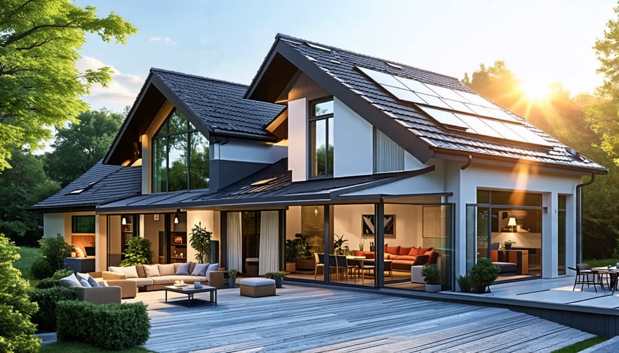 A European home showcasing a roof with integrated solar shingles that blend modern technology with traditional design, capturing sunlight for sustainable energy.