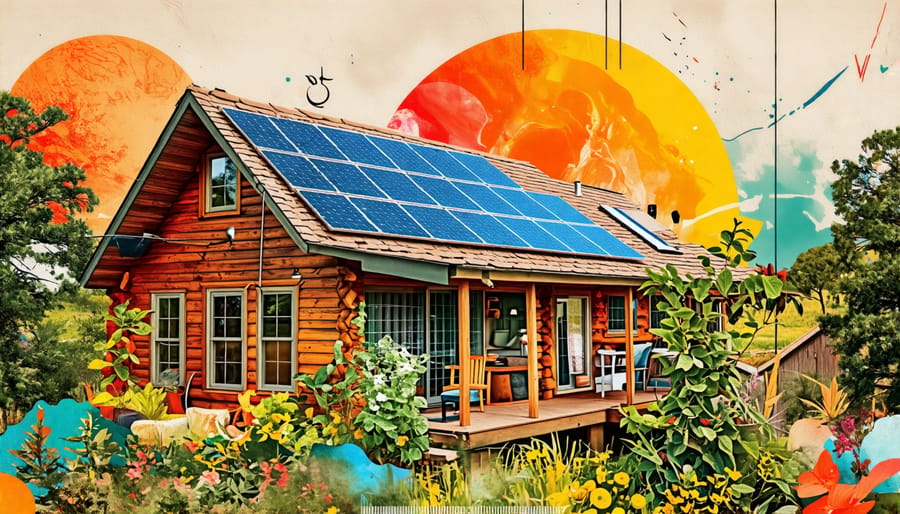 Conceptual collage depicting advantages of off grid solar living like savings, independence and sustainability