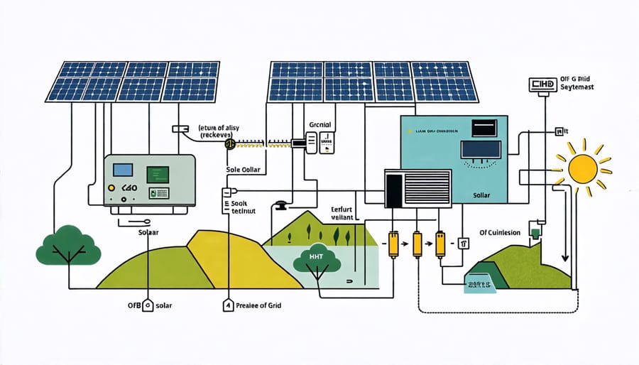 Illustration of off grid solar system components including panels, batteries, inverter and charge controller