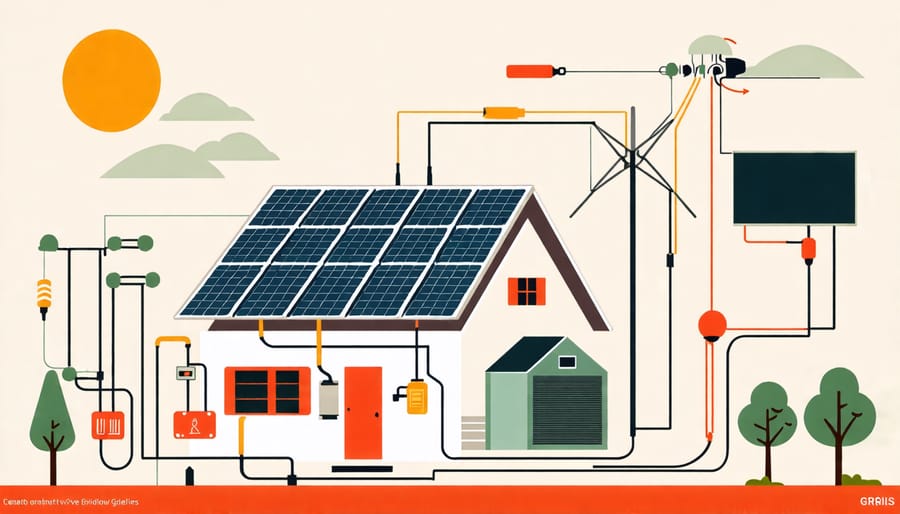 Off-grid solar system diagram with solar panels, batteries, inverter, and charge controller