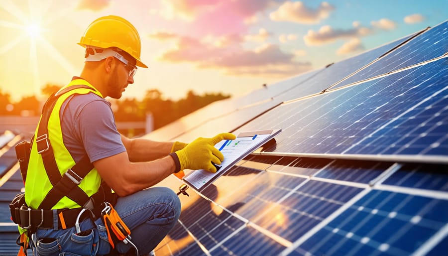 Conceptual illustration of a solar panel installer in full OSHA-compliant protective gear working on a rooftop, emphasizing solar safety measures like guardrails and personal protective equipment.