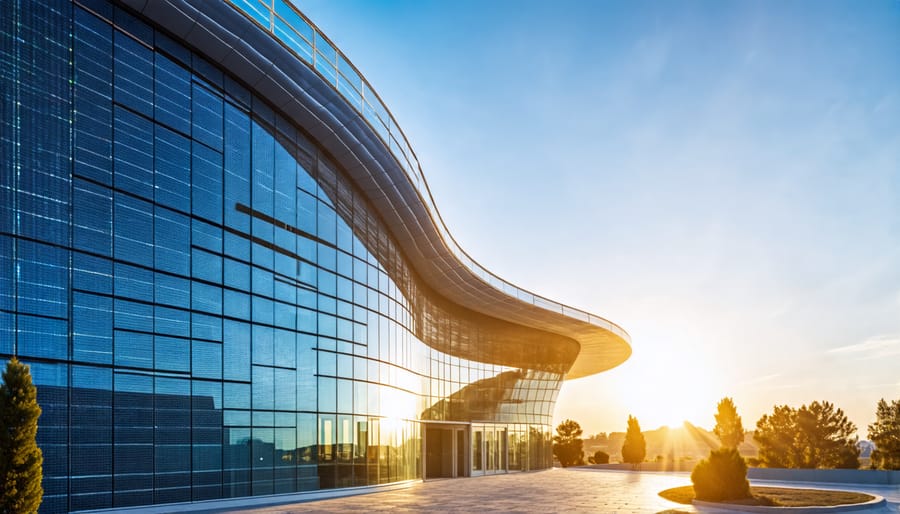 Perovskite solar panels seamlessly incorporated into a building's curved glass exterior.