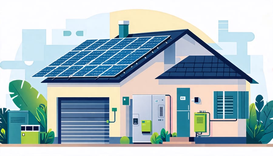 Diagram showing solar panels on a roof connected to an inverter and batteries